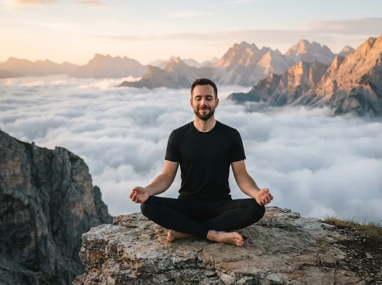 Man meditating above the clouds on a mountain ridge
